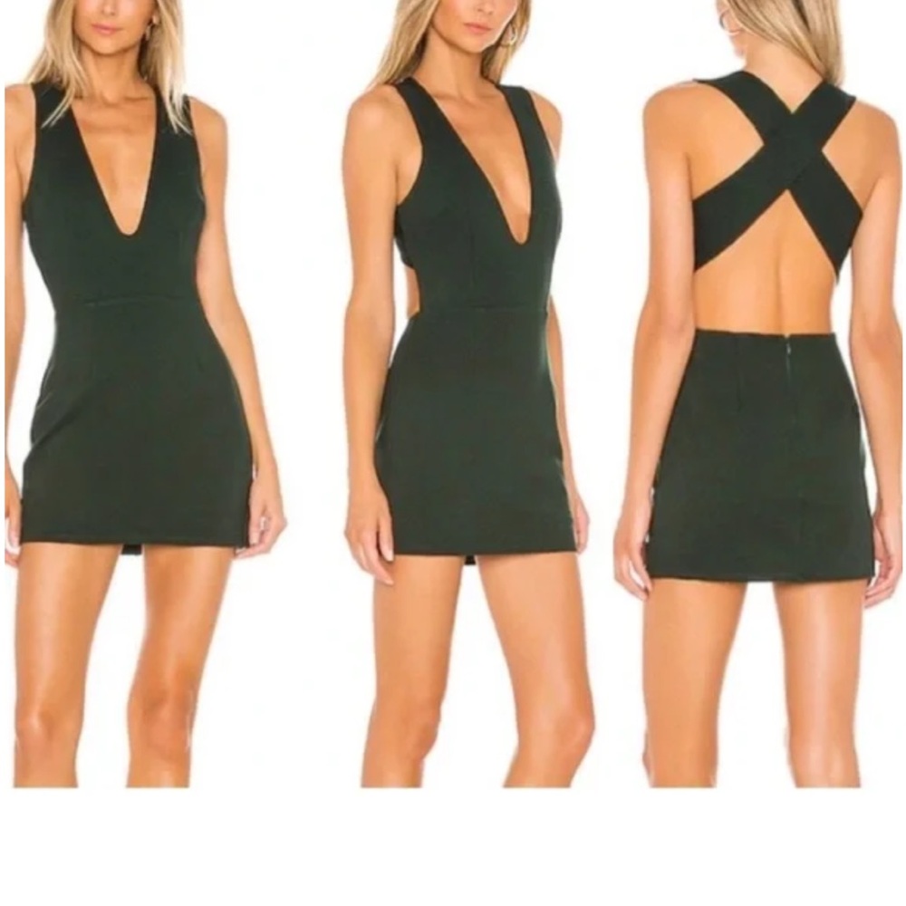 superdown Green Mini Bodycon Dress with Ruched Details and Plunge Neckline